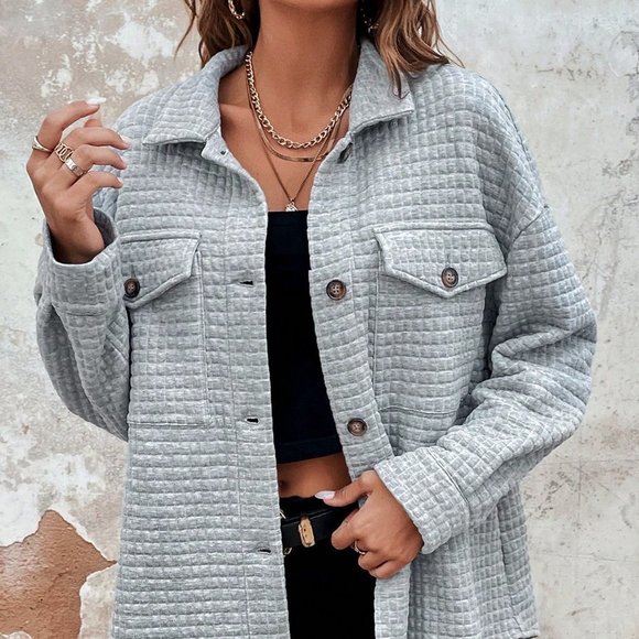 Grey Casual Womens Flap Pocket Drop Shoulder Button Front Coat - Picture 2 of 5